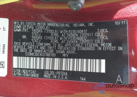 2012 Toyota Sienna Le V6 8 Passenger from USA, damaged, VIN 5TDKK3DC4CS188189